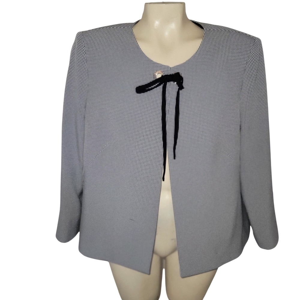 PRESTON YORK Houndstooth Blazer Jacket Black White Tie Neck 14 officecore luxury